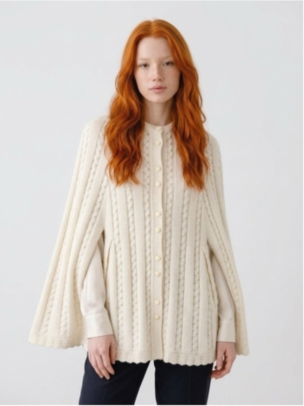 1970’s Vintage Rosanna Cream Cable-Knit Button-Front Cape Sweater